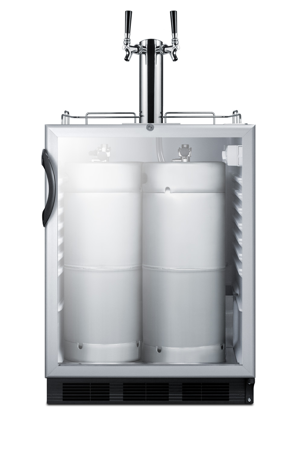 Built-in undercounter ADA height commercially listed dual tap beer dispenser with glass door, lock, and black cabinet